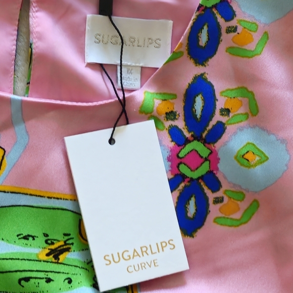 Sugarlips Curve Womens Plus 3/4 Balloon Sleeve Satin Mini Dress: Pink Tropical - Picture 10 of 14